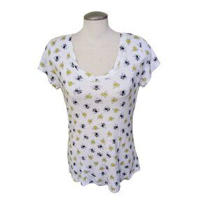 Cupio Womens Size Large Bee All Over Print V Neck Tee T Shirt White Stretch